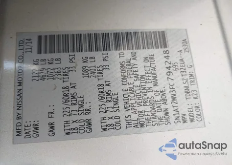 2015 Nissan Rogue Sl z USA, uszkodzony, nr VIN 5N1AT2MV3FC794248